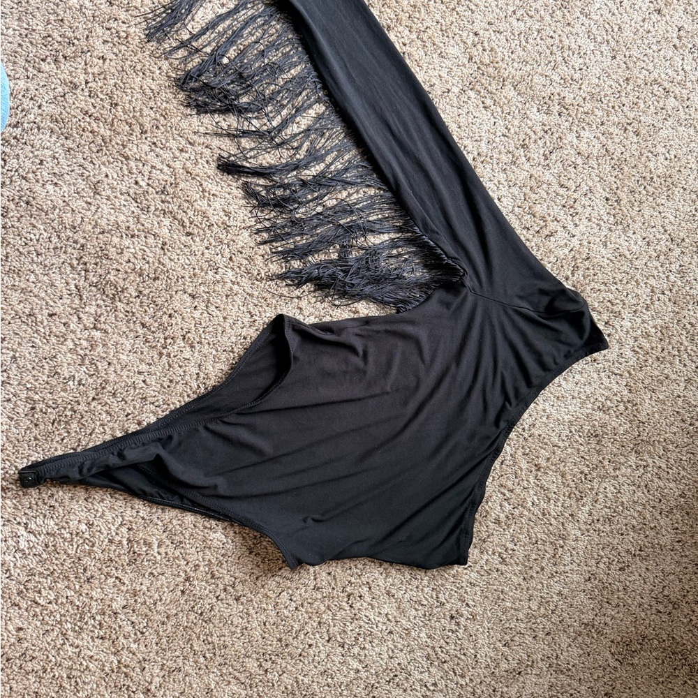 Black Fringe One-Shoulder Swimsuit